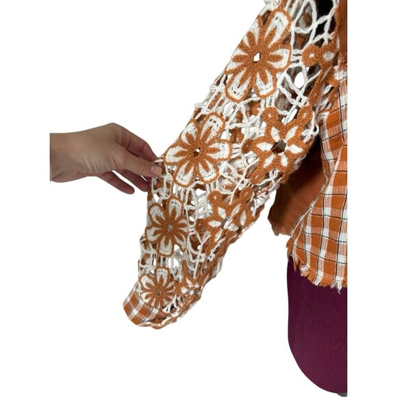Miss Me Floral Pieced Denim Jacket size S Boho Multi Orange Hooded Crochet Cropp - Picture 12 of 14